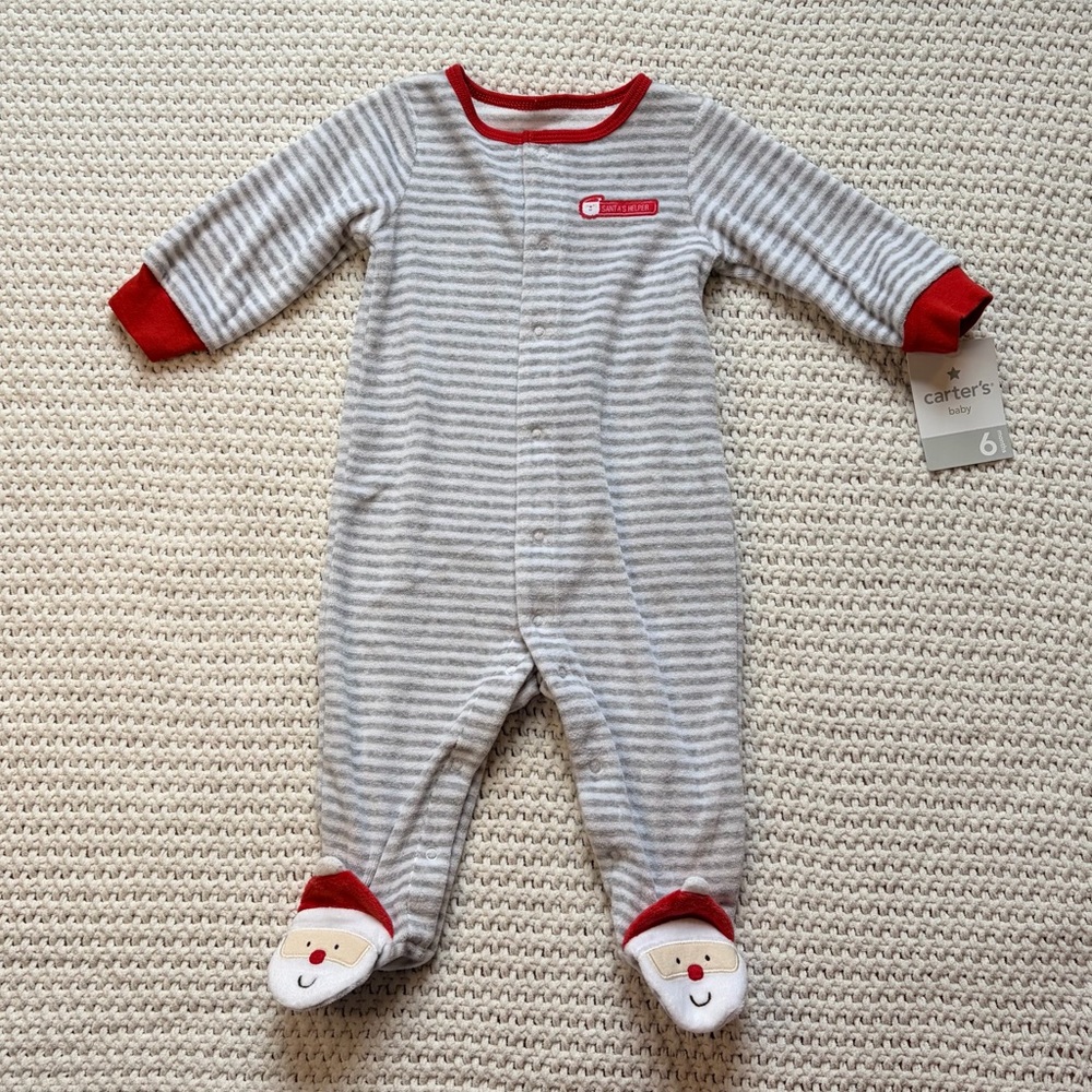 Carter’s 6M Gray & White Striped Christmas Pajamas “Santa’s Little Helper”